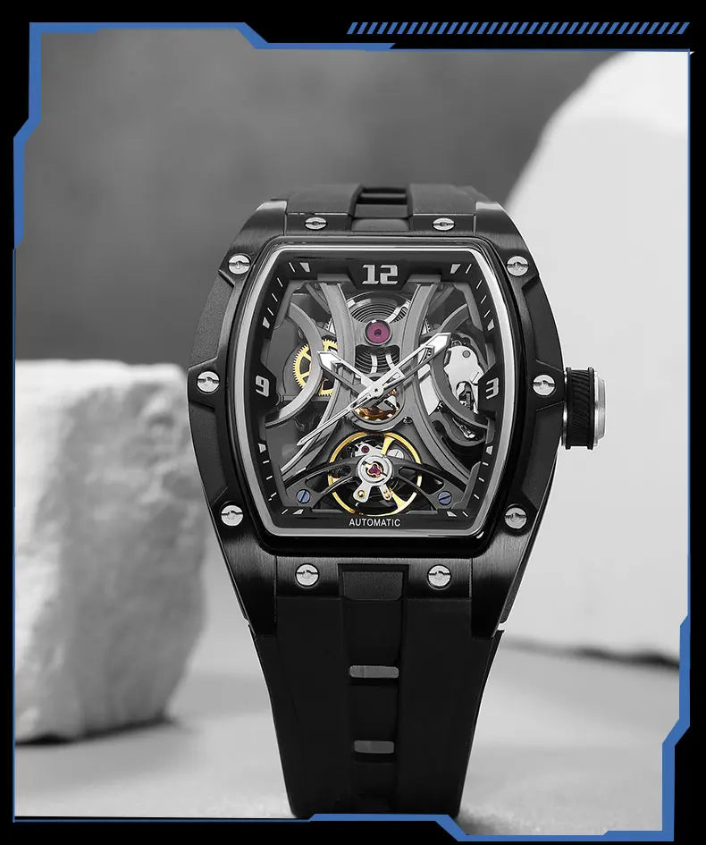 MEGIR Sports Style Automatic Mechanical Watch for Men Full Hollow Transparent Dial Design Stainless Steel Case Silicone Strap