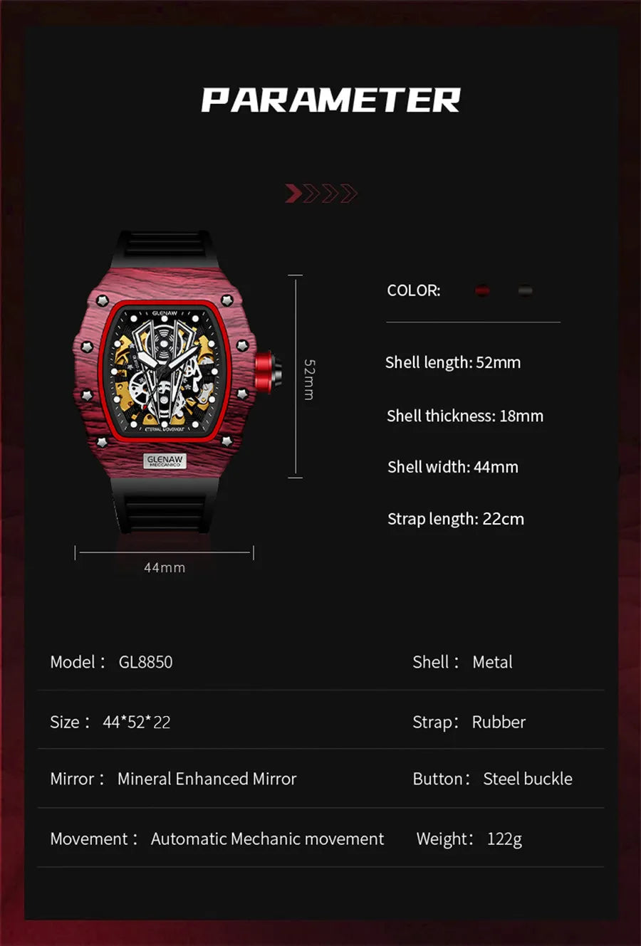 GLENAW Brand Automatic Mechanical Watch Men Casual Sport Rubber Strap Wristwatch Luminous Waterproof Mechanical Watches Relogio