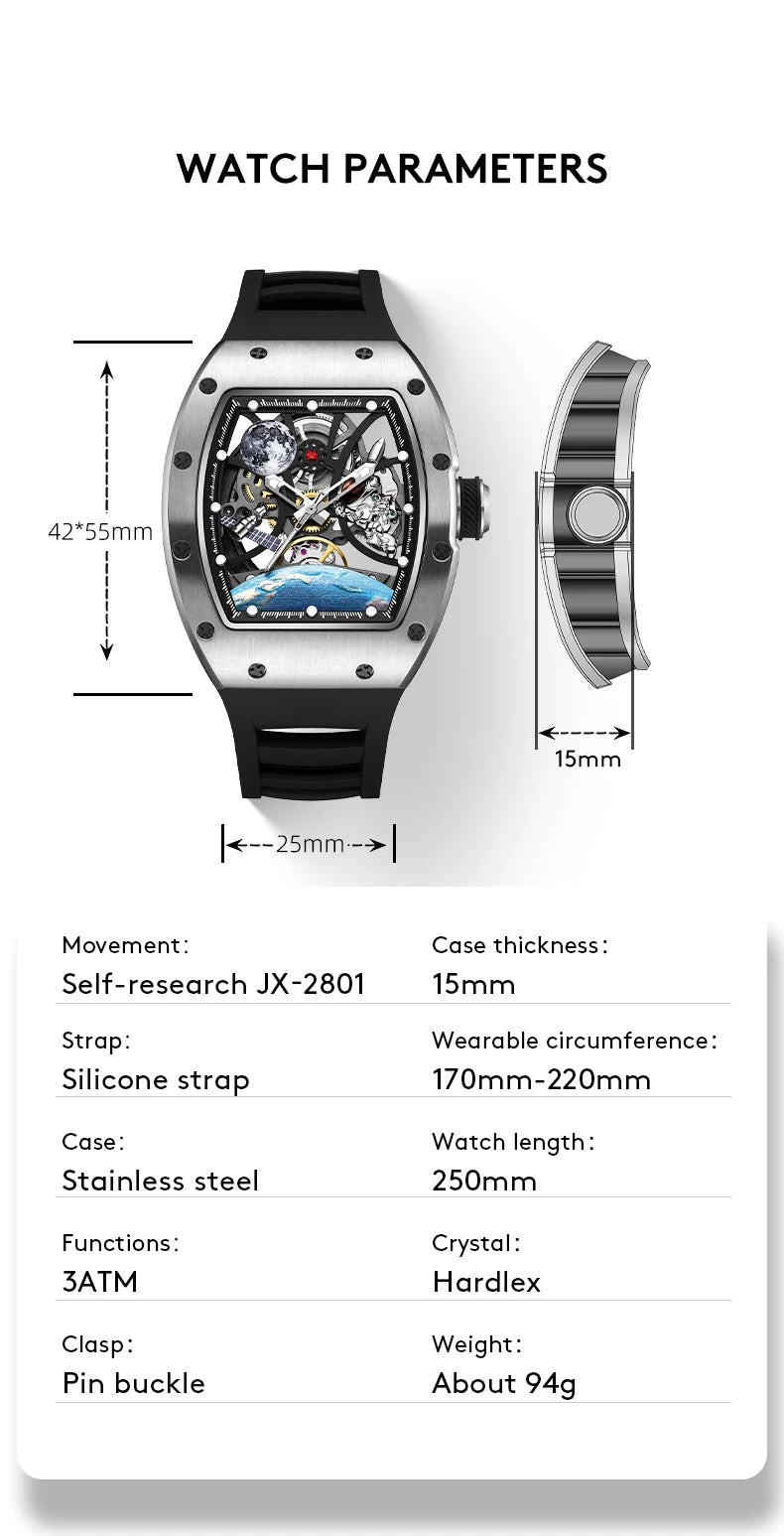 High Quality Men's Automatic Watch with Stylish Sports Silicone Strap 5 ATM Waterproof Mechanical Watches for Active Lifestyles