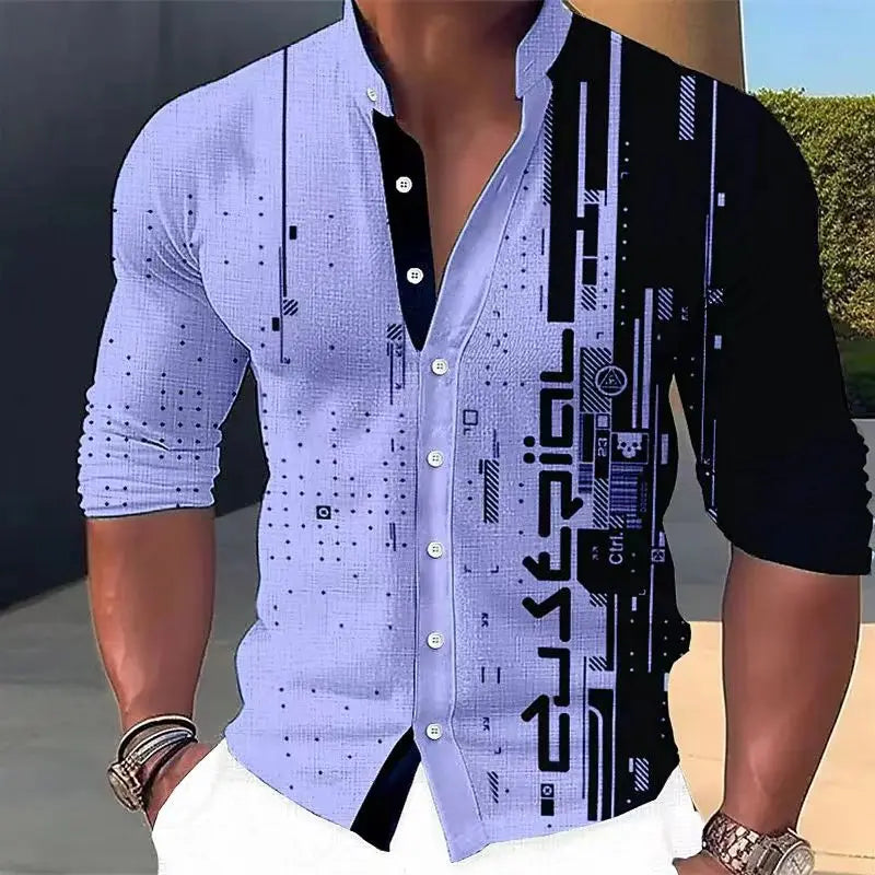 New Four Seasons Fashion Men's Shirt Printed Casual Business Long Sleeve Stand Collar Shirt Men's Extra Large Size xs-5xl.