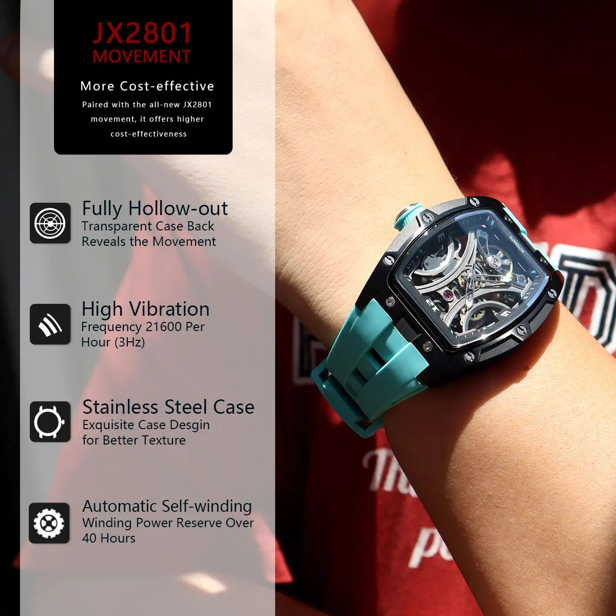 MEGIR Sports Style Automatic Mechanical Watch for Men Full Hollow Transparent Dial Design Stainless Steel Case Silicone Strap