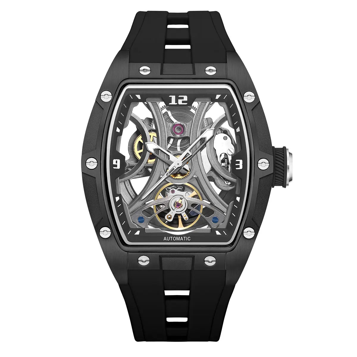 MEGIR Sports Style Automatic Mechanical Watch for Men Full Hollow Transparent Dial Design Stainless Steel Case Silicone Strap