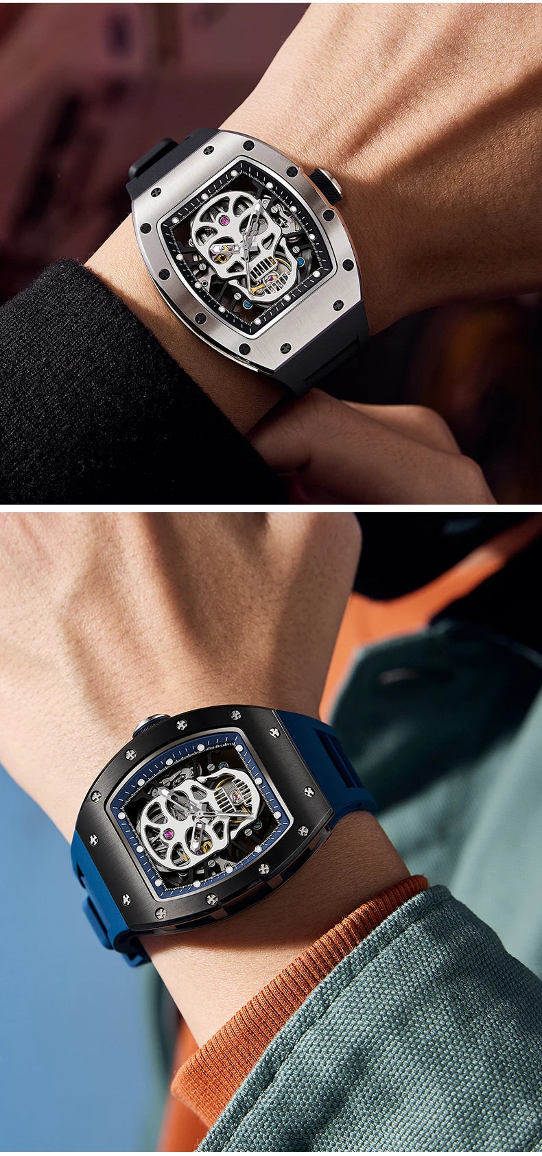 Design Automatic Skeleton Watch Mechanical Movement Waterproof Tonneau Wristwatch with Silicon Strap Sports Casual 2025