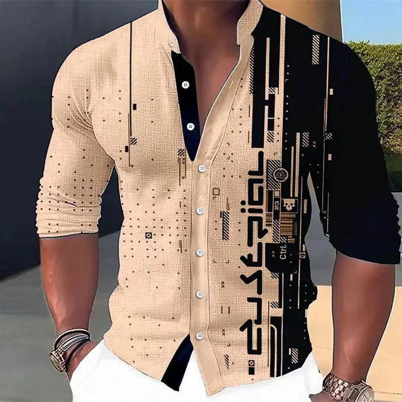New Four Seasons Fashion Men's Shirt Printed Casual Business Long Sleeve Stand Collar Shirt Men's Extra Large Size xs-5xl.
