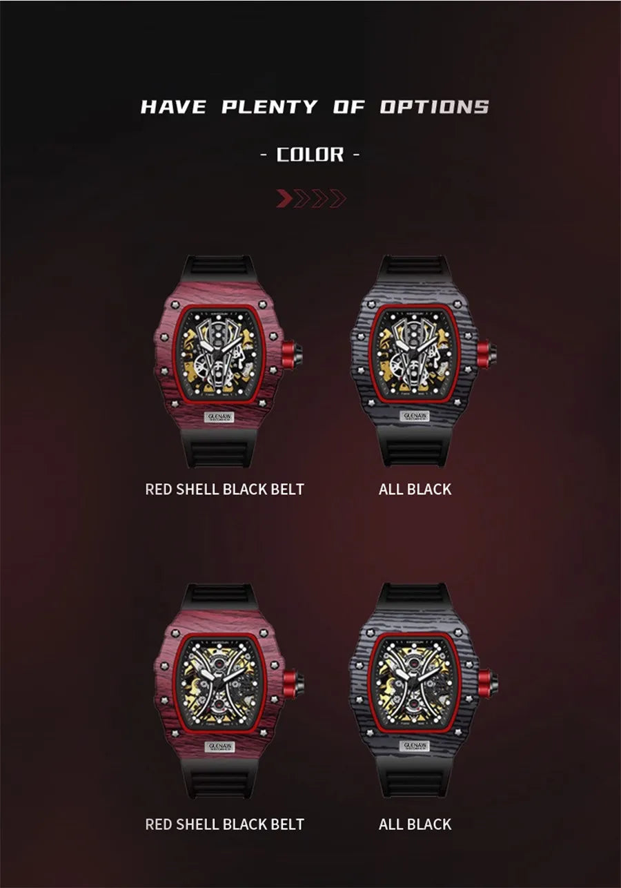 GLENAW Brand Automatic Mechanical Watch Men Casual Sport Rubber Strap Wristwatch Luminous Waterproof Mechanical Watches Relogio