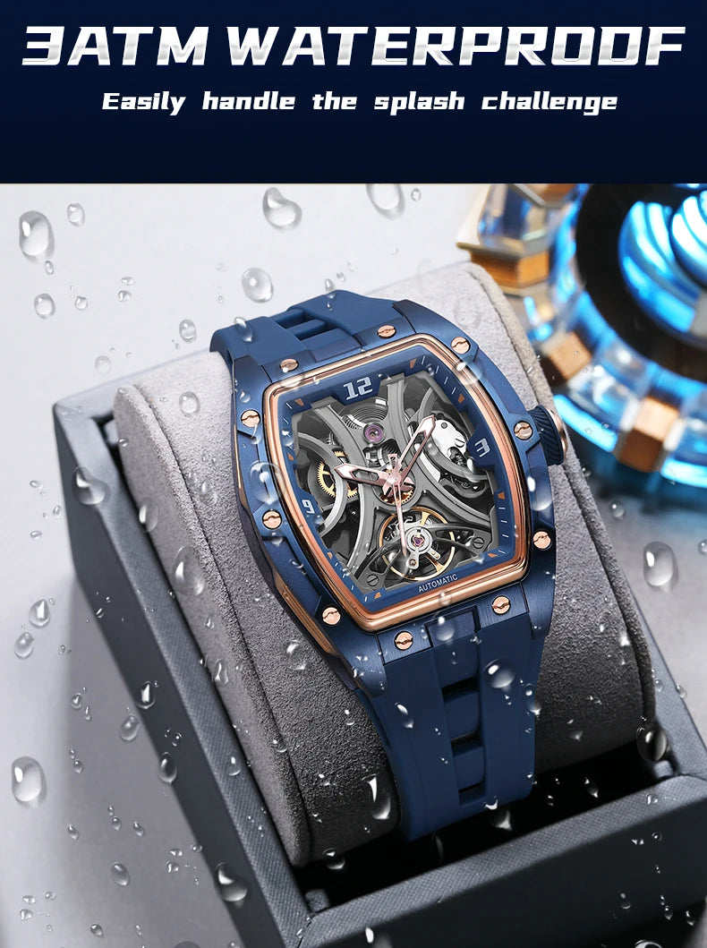 MEGIR Sports Style Automatic Mechanical Watch for Men Full Hollow Transparent Dial Design Stainless Steel Case Silicone Strap