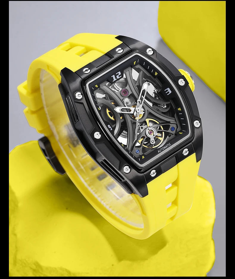 MEGIR Sports Style Automatic Mechanical Watch for Men Full Hollow Transparent Dial Design Stainless Steel Case Silicone Strap