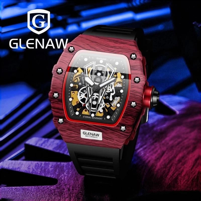 GLENAW Brand Automatic Mechanical Watch Men Casual Sport Rubber Strap Wristwatch Luminous Waterproof Mechanical Watches Relogio