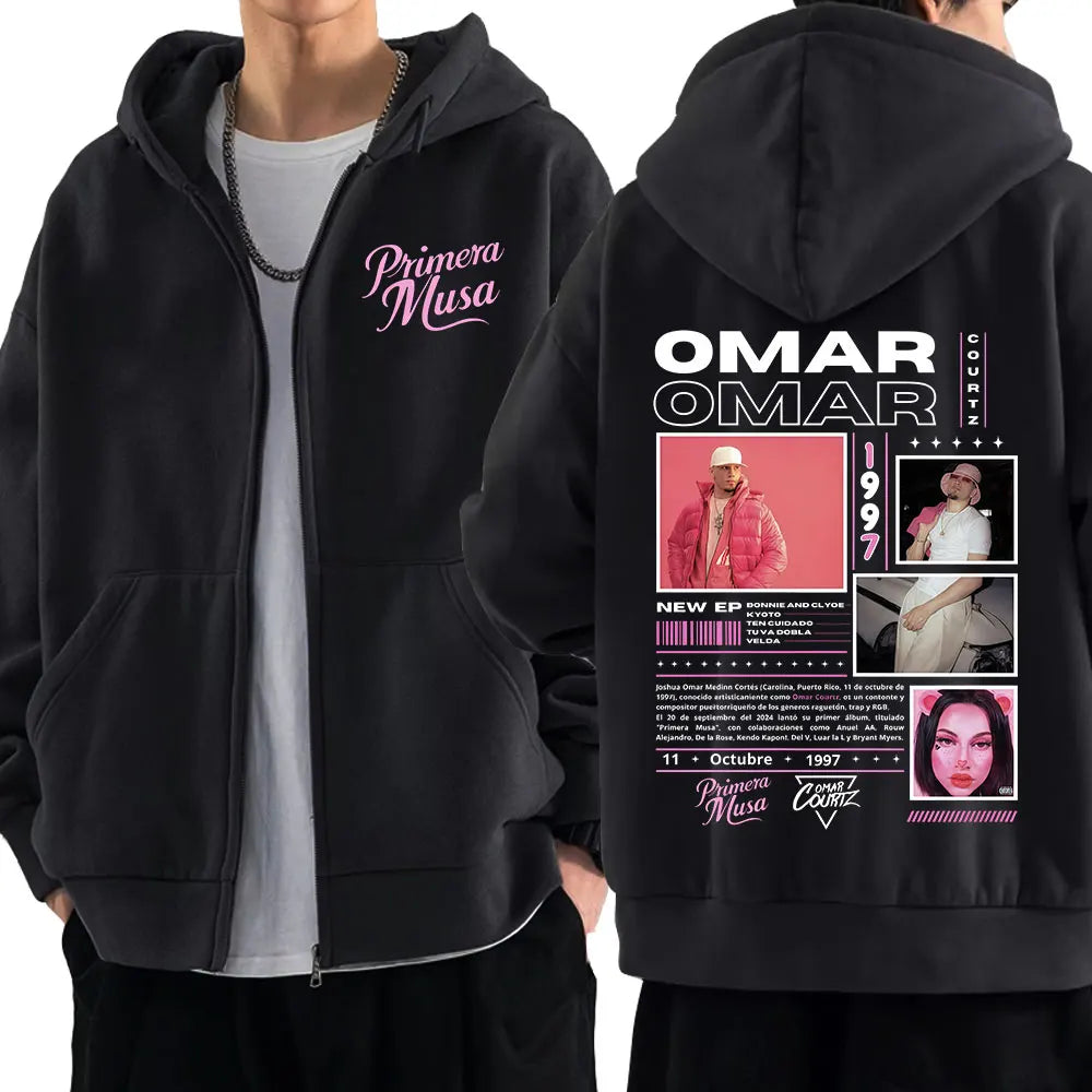 Men's zip-up hoodie in pure cotton, from Omar Courtz's Primera Musa tour, Fall/Winter 2025 collection. Sporty style.