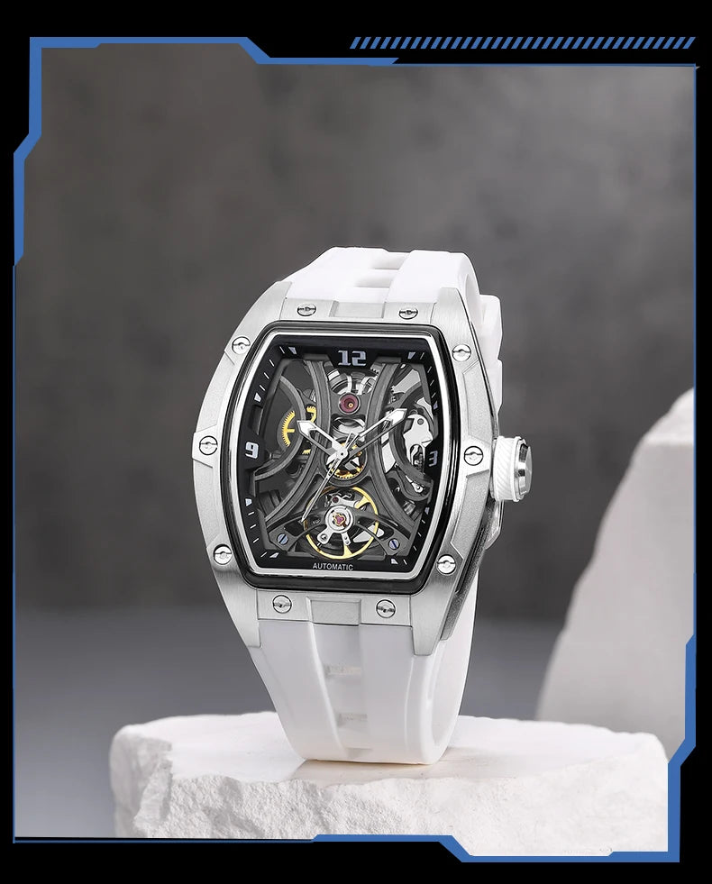 MEGIR Sports Style Automatic Mechanical Watch for Men Full Hollow Transparent Dial Design Stainless Steel Case Silicone Strap