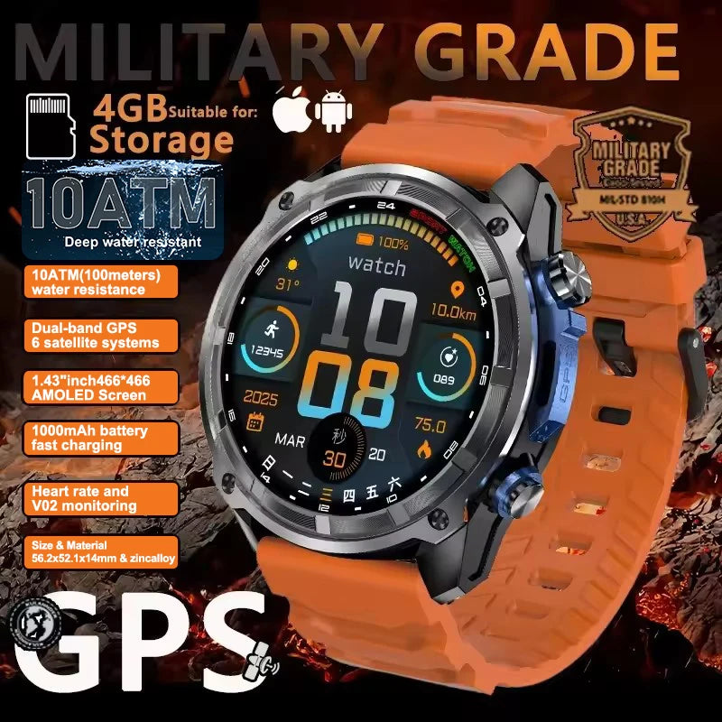 GPS Offline Map 1000mAh Battery Smart Watch Built in Swim 200+ Sports Clock 10ATM Waterproof 4GB Outdoors Military Watches