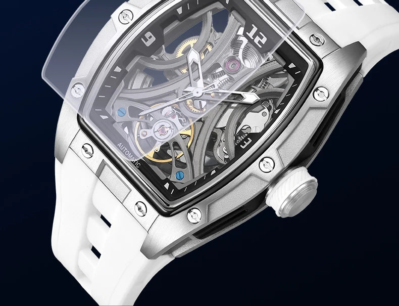 MEGIR Sports Style Automatic Mechanical Watch for Men Full Hollow Transparent Dial Design Stainless Steel Case Silicone Strap