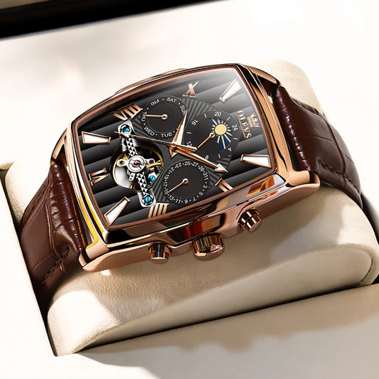 Relógios masculinos OLEVS relógio mecânico automático Tourbillon, relógio esportivo, relógio de pulso casual de negócios retrô em couro, relógios masculinos