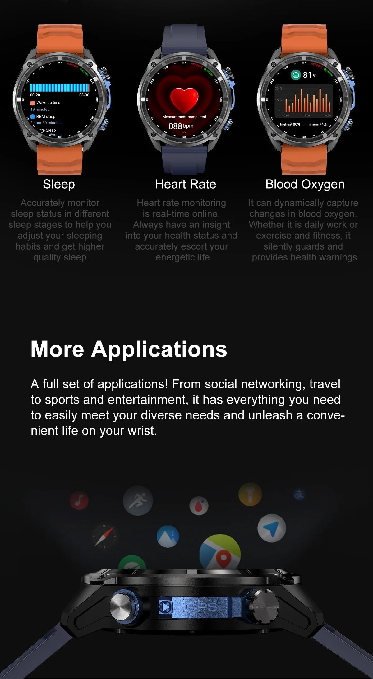 GPS Offline Map 1000mAh Battery Smart Watch Built in Swim 200+ Sports Clock 10ATM Waterproof 4GB Outdoors Military Watches