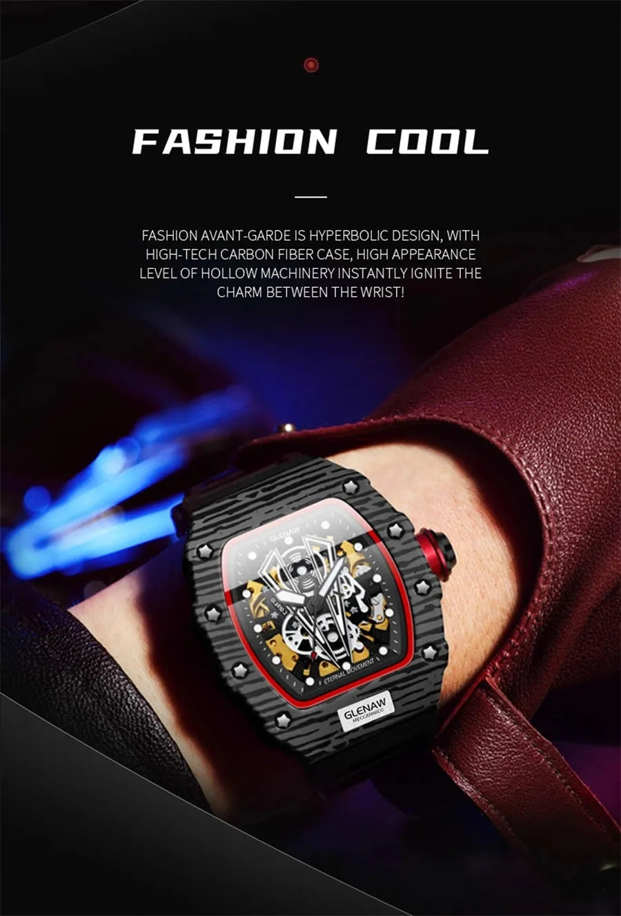 GLENAW Brand Automatic Mechanical Watch Men Casual Sport Rubber Strap Wristwatch Luminous Waterproof Mechanical Watches Relogio