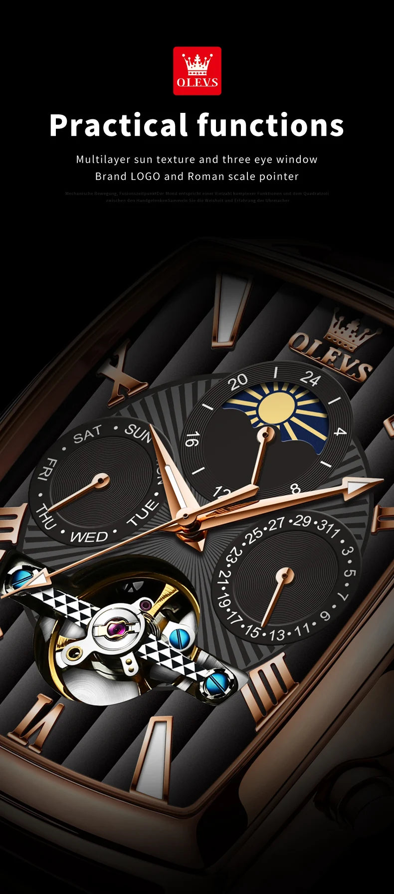 Relógios masculinos OLEVS relógio mecânico automático Tourbillon, relógio esportivo, relógio de pulso casual de negócios retrô em couro, relógios masculinos