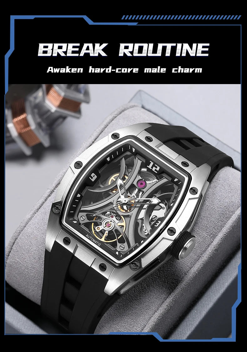 MEGIR Sports Style Automatic Mechanical Watch for Men Full Hollow Transparent Dial Design Stainless Steel Case Silicone Strap